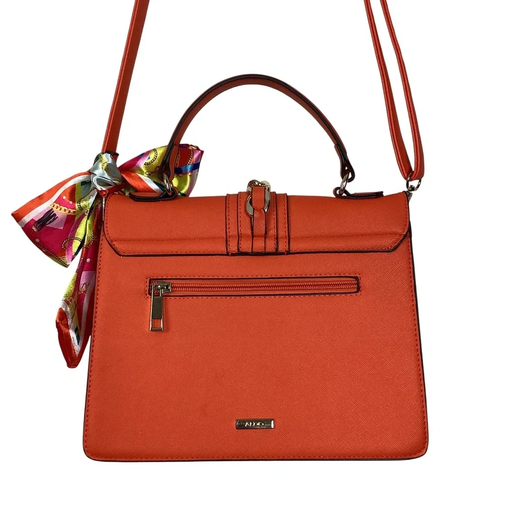 Aldo Orange Saffiano Satchel Handbag Gold Chain Scarf Accent Crossbody Bag